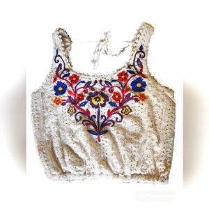 Womens Knit Lace Embroidered Crop Top Tie in Back Flowered Colorful Shirt